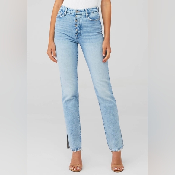 Good American Good Boy Straight Leg High Rise Split Hem Jeans - Indigo - Picture 1 of 16